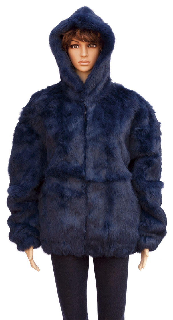 Winter Fur Ladies Navy Blue Full Skin Rabbit Jacket With Detachable Hood W05S04NV.